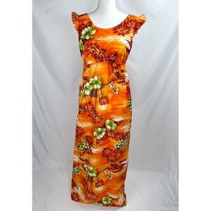 Hukilau Fashions Women 10 Orange Hawaiian Dress Maxi Long Ruffle Sleeve Hibiscus